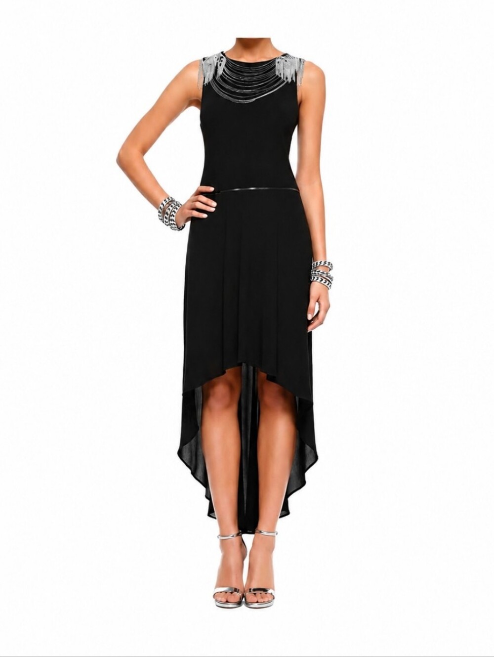 Haute Hippie Chain Embellished Black Dress w Detachable Chiffon Overlay Skirt L